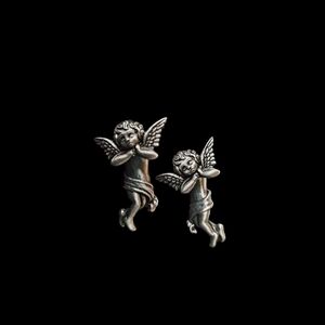 Vintage JJ Pewter Colored Angel Pierced Earrings, Jonette Unusual Cherub Earring